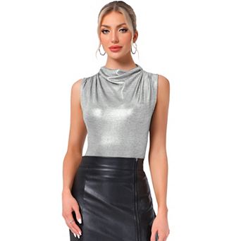 Metallic Tank Top for Women's Cowl Neck Ruched Sleeveless Party Shiny Blouse Shirts