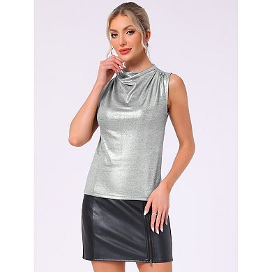 Metallic Tank Top for Women's Cowl Neck Ruched Sleeveless Party Shiny Blouse Shirts