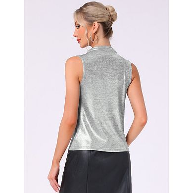 Metallic Tank Top for Women's Cowl Neck Ruched Sleeveless Party Shiny Blouse Shirts