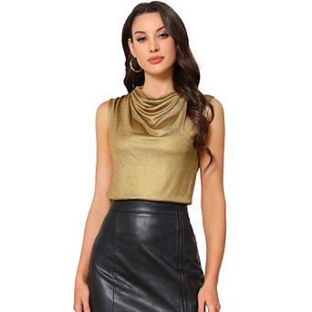 Metallic Tank Top for Women's Cowl Neck Ruched Sleeveless Party Shiny Blouse Shirts