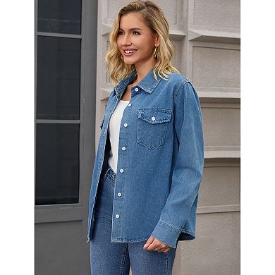 Women's Jean Jacket Long Sleeve Button Down Western Shacket with Pockets Lightweight Denim Jacket