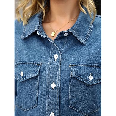 Women's Jean Jacket Long Sleeve Button Down Western Shacket with Pockets Lightweight Denim Jacket
