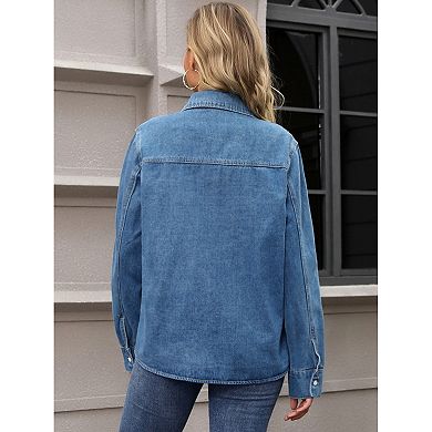 Women's Jean Jacket Long Sleeve Button Down Western Shacket with Pockets Lightweight Denim Jacket