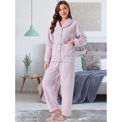 Women's Fleece Sleepwear Winter Button Down Fuzzy Plush Soft Warm Pajama Sets with Pockets