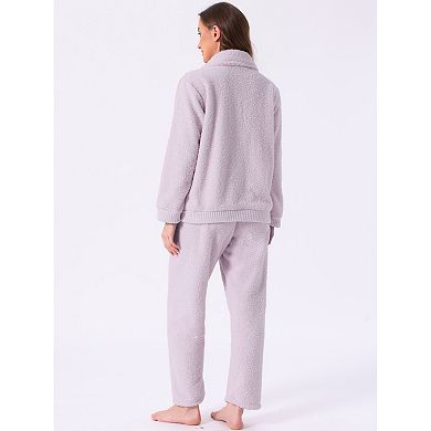 Women's Fleece Sleepwear Winter Button Down Fuzzy Plush Soft Warm Pajama Sets with Pockets