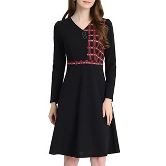 Women's Elegant A-Line Long Sleeve Contrast Color Dress