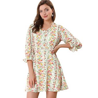 Women's Ruffle Floral 3/4 Sleeve A-line V Neck Flare Dress