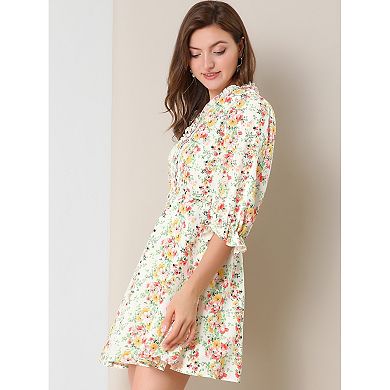 Women's Ruffle Floral 3/4 Sleeve A-line V Neck Flare Dress