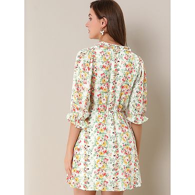 Women's Ruffle Floral 3/4 Sleeve A-line V Neck Flare Dress