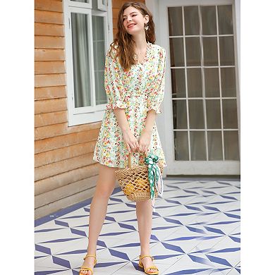 Women's Ruffle Floral 3/4 Sleeve A-line V Neck Flare Dress