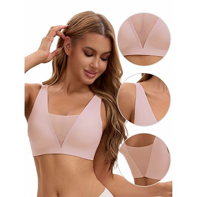 Women's Deep V Push Up Wirefree Seamless Mesh Plunge Bras Light and Breathable Minimizers