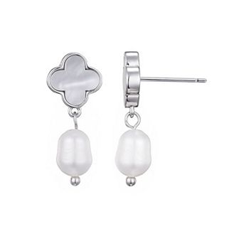 Adornia Silver Tone Mother-of-Pearl Clover & Freshwater Cultured Pearl Drop Earrings
