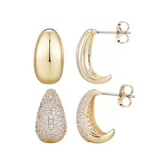 Adornia 14k Gold Plated Crystal & Plain Chunky Hoop Earring Duo Set