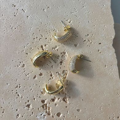 Adornia 14k Gold Plated Crystal & Plain Chunky Hoop Earring Duo Set