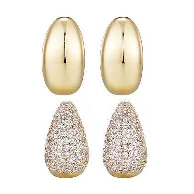 Adornia 14k Gold Plated Crystal & Plain Chunky Hoop Earring Duo Set
