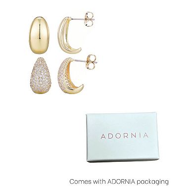 Adornia 14k Gold Plated Crystal & Plain Chunky Hoop Earring Duo Set
