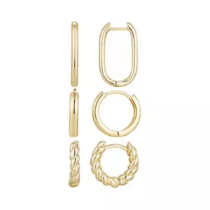 Adornia 14k Gold Plated 3-Pair Hoop Earring Set, Women's, Gold Tone