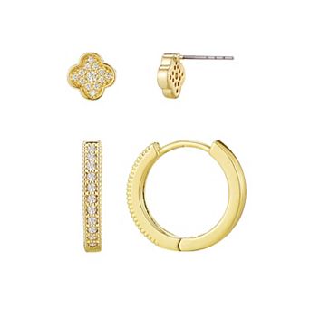 Adornia 14k Gold Flash Plated Cubic Zirconia Huggie & Clover Stud Earrings Set