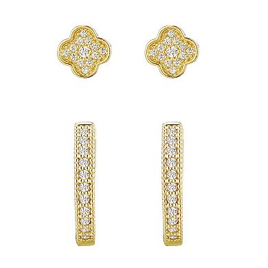 Adornia 14k Gold Flash Plated Cubic Zirconia Huggie & Clover Stud Earrings Set