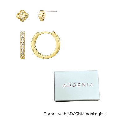 Adornia 14k Gold Flash Plated Cubic Zirconia Huggie & Clover Stud Earrings Set