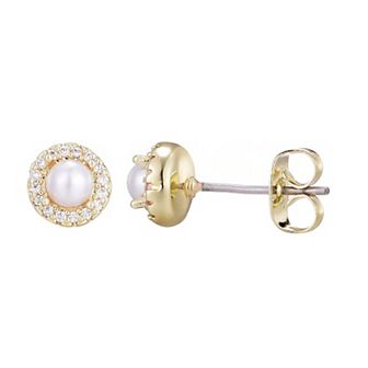 Adornia 14k Gold Flash Plated Freshwater Pearl Cubic Zirconia Halo Stud Earrings