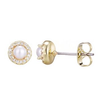 Adornia 14k Gold Flash Plated Freshwater Pearl Cubic Zirconia Halo Stud Earrings