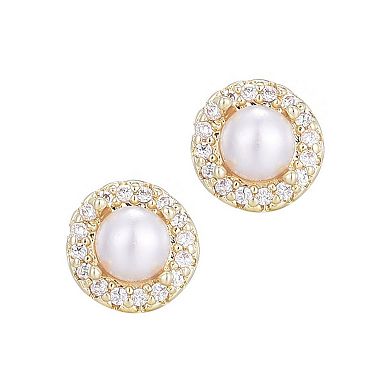 Adornia 14k Gold Flash Plated Freshwater Pearl Cubic Zirconia Halo Stud Earrings