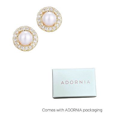 Adornia 14k Gold Flash Plated Freshwater Pearl Cubic Zirconia Halo Stud Earrings