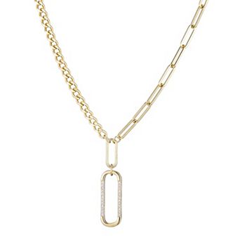 Adornia 14k Gold Flash Plated Cubic Zirconia Oval Pendant and Mixed Chain Necklace