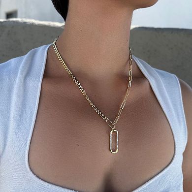 Adornia 14k Gold Flash Plated Cubic Zirconia Oval Pendant and Mixed Chain Necklace