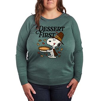 Plus Size Peanuts Thanksgiving Dessert Time Snoopy French Terry Long Sleeve Tee