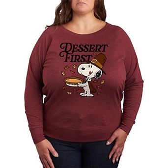 Plus Size Peanuts Thanksgiving Dessert Time Snoopy French Terry Long Sleeve Tee