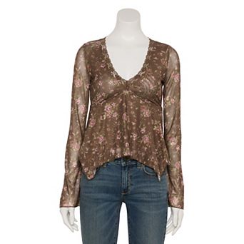 Juniors' madden girl Long Bell Sleeve Shark Bite Hem Top with Lace Trim Neck