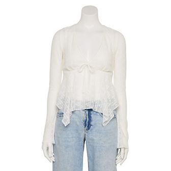 Juniors' madden girl Long Sleeve Hanky Hem Lace Top