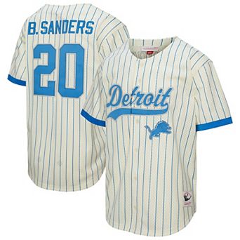 Men's Mitchell & Ness Barry Sanders Cream Detroit Lions Name & Number Mesh Button-Up Baseball Jersey