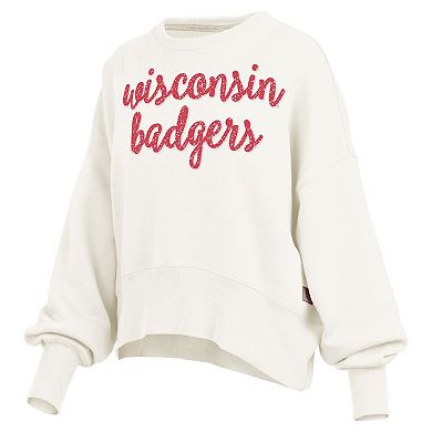 Women's Pressbox Cream Wisconsin Badgers Oversized Chelsea Waist Length Pullover Sweatshirt