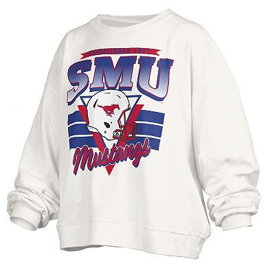 Women's Pressbox White SMU Mustangs Oversized Janice Retro Waist-Length Pullover Sweatshirt