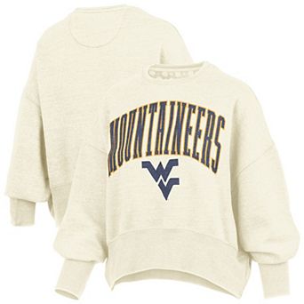 Women's Pressbox Natural West Virginia Mountaineers Oversized Waist-Length Crewneck Sweatshirt