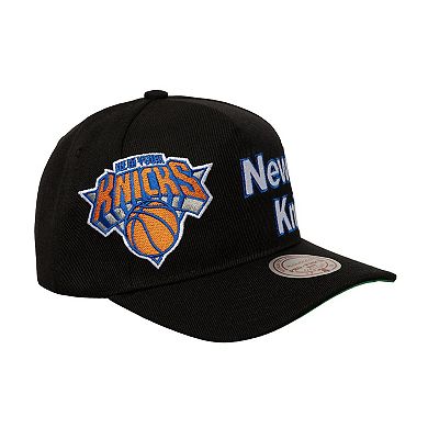 Men's Mitchell & Ness Black New York Knicks Busted Logo Wordmark Wrap-Around Pro Pinch Adjustable Hat