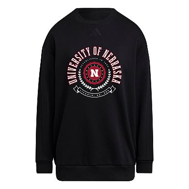 Women's adidas Black Nebraska Huskers Oversized Crewneck Pullover