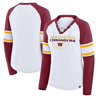 Women's Fanatics White/Burgundy Washington Commanders Redzone Blitz Package Raglan Lace-Up V-Neck Long Sleeve T-Shirt