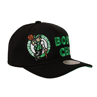 Men's Mitchell & Ness Black Boston Celtics Busted Logo Wordmark Wrap-Around Pro Pinch Adjustable Hat