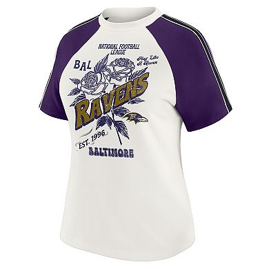 Women's WEAR by Erin Andrews White Baltimore Ravens Sleeve Stripe Distressed Raglan T-Shirt