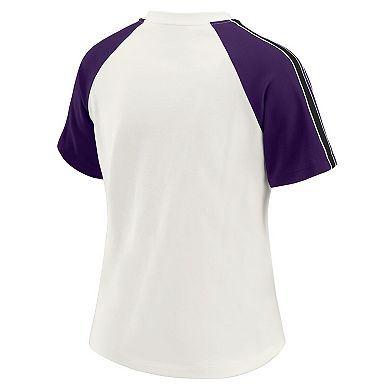 Women's WEAR by Erin Andrews White Baltimore Ravens Sleeve Stripe Distressed Raglan T-Shirt