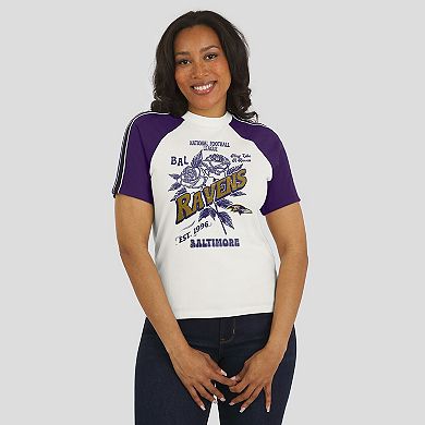 Women's WEAR by Erin Andrews White Baltimore Ravens Sleeve Stripe Distressed Raglan T-Shirt
