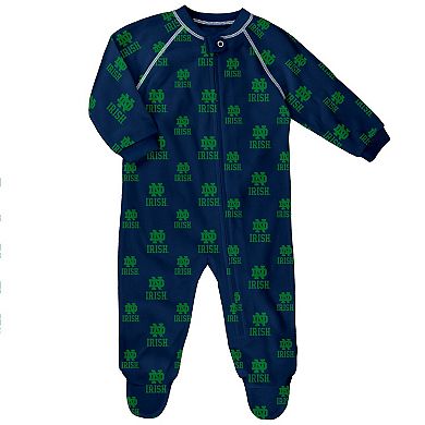 Infant Outerstuff Navy Notre Dame Fighting Irish All-Over Print Raglan Full-Zip Coverall