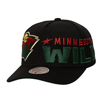 Men's Mitchell & Ness Black Minnesota Wild Busted Logo Wordmark Wrap-Around Pro Pinch Adjustable Hat