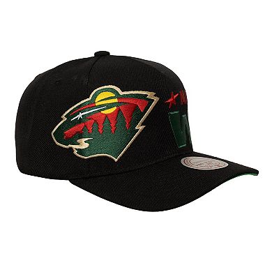 Men's Mitchell & Ness Black Minnesota Wild Busted Logo Wordmark Wrap-Around Pro Pinch Adjustable Hat