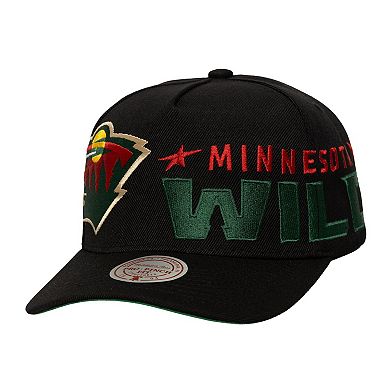 Men's Mitchell & Ness Black Minnesota Wild Busted Logo Wordmark Wrap-Around Pro Pinch Adjustable Hat
