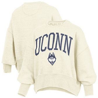 Women's Pressbox Natural UConn Huskies Oversized Waist-Length Crewneck Sweatshirt